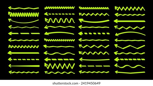 Hand drawn arrows, highlighter lines. Marker stroke, brush pen drawn underline. Handwritten text pointers, notes, marks. Vector illustration