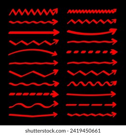 Hand drawn arrows, highlighter lines. Red marker stroke, brush pen drawn underline. Handwritten text pointers, notes, marks. Vector illustration