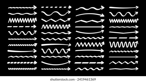 Hand drawn arrows, highlighter lines. Marker stroke, brush pen drawn underline. Handwritten text pointers, notes, marks. Vector illustration