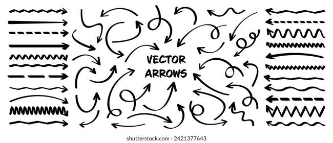 Flechas dibujadas a mano, líneas resaltadas. Trazo de marcador, lápiz de pincel dibujado subrayado. Punteros de texto manuscritos, notas, marcas. Ilustración del vector
