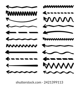Hand drawn arrows, highlighter lines. Marker stroke, brush pen drawn underline. Handwritten text pointers, notes, marks. Vector illustration