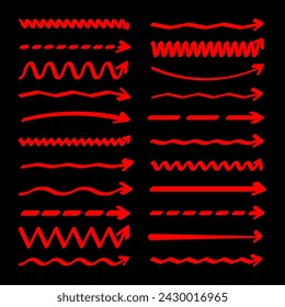 Hand drawn arrows, highlighter lines. Red marker stroke, brush pen drawn underline. Handwritten text pointers, notes, marks. Vector illustration