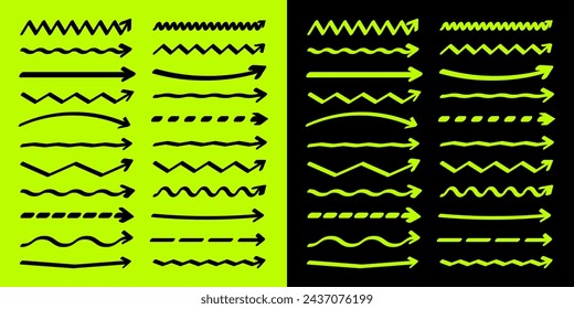 Hand drawn arrows, highlighter lines. Marker stroke, brush pen drawn underline. Handwritten text pointers, notes, marks. Vector illustration
