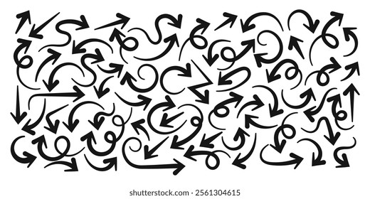 Hand drawn arrows icon set collection isolated on white background. Set of arrows black symbol Art decoration. Vector illustration