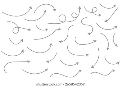 Conjunto de iconos de flechas dibujadas a mano. Dibuje el diseño de flechas curvas. Flecha hecha a mano. Doodle flechas de varias Formas y direcciones. Iconos de puntero y cursor.