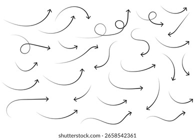 Handgezeichnete Pfeile Symbolsatz. Skizzieren Sie gekrümmte Pfeile. Pfeil handgemacht. Doodle Pfeile in verschiedenen Formen und Richtungen. Zeiger- und Cursorsymbole.