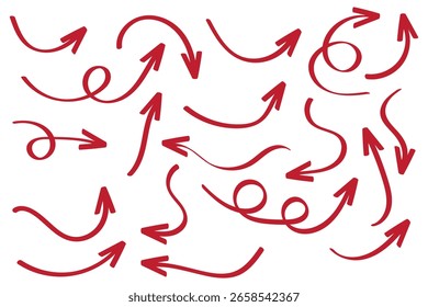 Hand drawn arrows icon set. Sketch curved arrows design. Arrow handmade. Doodle arrows of various shapes and directions. Pointer and cursor icons.