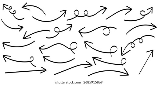 Conjunto de iconos de flechas dibujadas a mano. Dibuje el diseño de flechas curvas. Flecha hecha a mano. Flechas delgadas para el Plan de negocios.