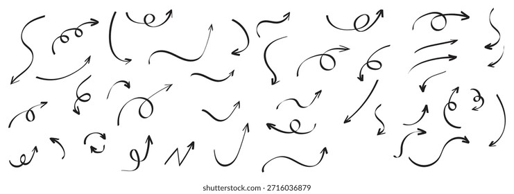 Conjunto de iconos de flechas dibujadas a mano. Dibuje el diseño de flechas curvas. Flecha hecha a mano. Doodle flechas Formas y direcciones. Iconos de puntero y cursor. EPS 10
