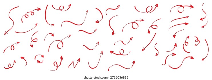 Conjunto de iconos de flechas dibujadas a mano. Dibuje el diseño de flechas curvas. Flecha hecha a mano. Doodle flechas Formas y direcciones. Iconos de puntero y cursor. EPS 10