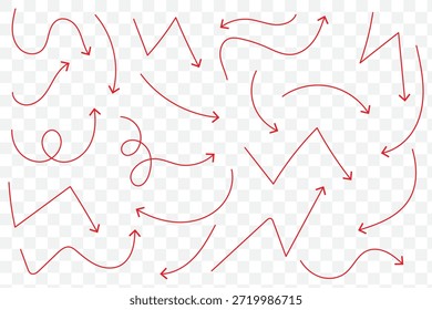 Conjunto de ícones de setas desenhadas à mão. Desenho de setas curvas. Seta feita à mão. Faça doodle de setas de várias formas e direções. Ícones do ponteiro e do cursor.