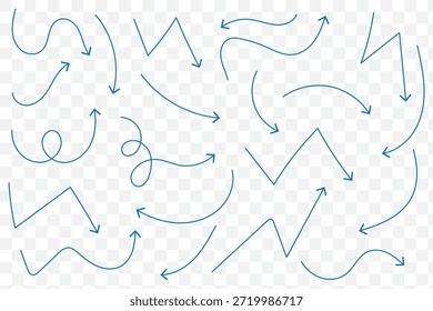 Conjunto de ícones de setas desenhadas à mão. Desenho de setas curvas. Seta feita à mão. Faça doodle de setas de várias formas e direções. Ícones do ponteiro e do cursor.