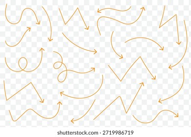 Conjunto de ícones de setas desenhadas à mão. Desenho de setas curvas. Seta feita à mão. Faça doodle de setas de várias formas e direções. Ícones do ponteiro e do cursor.