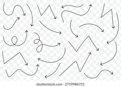 Conjunto de ícones de setas desenhadas à mão. Desenho de setas curvas. Seta feita à mão. Faça doodle de setas de várias formas e direções. Ícones do ponteiro e do cursor.