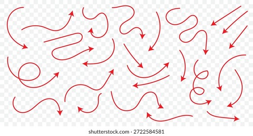 Conjunto de iconos de flechas dibujadas a mano. Dibuje el diseño de flechas curvas. Flecha hecha a mano. Doodle flechas de varias Formas y direcciones. Iconos de puntero y cursor