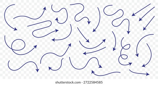 Conjunto de iconos de flechas dibujadas a mano. Dibuje el diseño de flechas curvas. Flecha hecha a mano. Doodle flechas de varias Formas y direcciones. Iconos de puntero y cursor