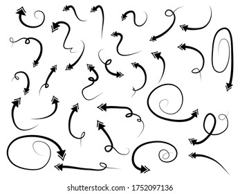 iconos de flechas a mano Ajustar. icono de flecha con varias direcciones. Ilustración del vector Doodle. aislado en un fondo blanco.