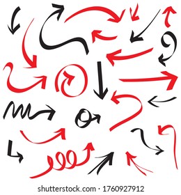 iconos de flechas a mano Ajustar. icono de flecha roja y negra con varias direcciones. Ilustración del vector Doodle. aislado en un fondo blanco