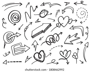handgezeichnete Pfeilsymbole Set. Pfeilsymbol mit verschiedenen Richtungen. Doodle, Vektorgrafik. einzeln auf weißem Hintergrund.