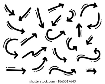 handgezeichnete Pfeilsymbole Set. Pfeilsymbol mit verschiedenen Richtungen. Doodle, Vektorgrafik. einzeln auf weißem Hintergrund