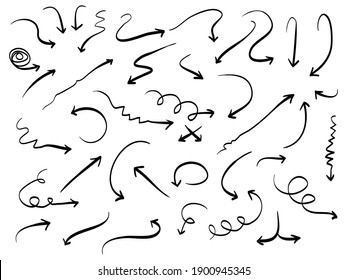 ensemble d'icônes Flèches dessinées à la main. icône flèche avec différentes directions. Illustration vectorielle de gribouillage. isolé sur fond blanc
