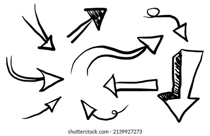 iconos de flechas a mano Ajustar. icono de flecha con varias direcciones. Ilustración del vector Doodle. aislado en un fondo blanco
