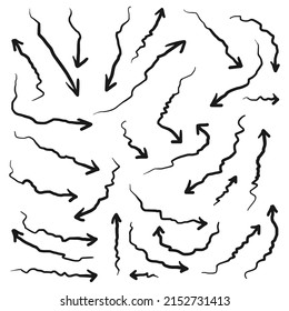 handgezeichnete Pfeilsymbole Set. Pfeilsymbol mit verschiedenen Richtungen. Doodle, Vektorgrafik. einzeln auf weißem Hintergrund
