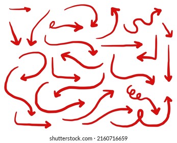 Iconos Set de flechas dibujadas a mano. icono de flecha con varias direcciones. Ilustración del vector Doodle. aislado en un fondo blanco