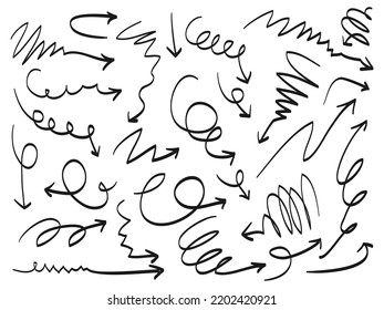 Iconos Set de flechas dibujadas a mano. icono de flecha con varias direcciones. Elemento de diseño Doodle de ilustración vectorial. aislado en un fondo blanco.