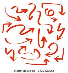 Hand drawn Arrows icons Set. Red arrow icon with various directions. Doodle vector illustration. isolated on a white background