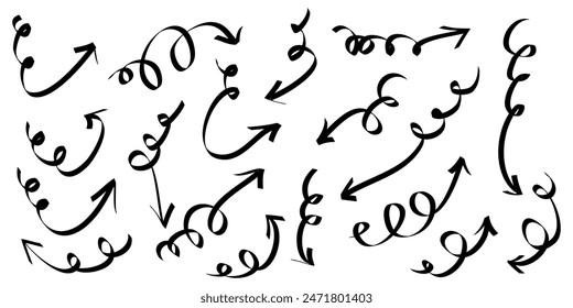 Iconos de flechas dibujadas a mano. Icono de flecha con varias direcciones. Doodle Ilustración vectorial. aislado sobre un fondo blanco