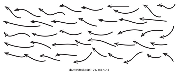 Iconos de flechas dibujadas a mano. Icono de flecha con varias direcciones. Doodle Ilustración vectorial. aislado sobre un fondo blanco