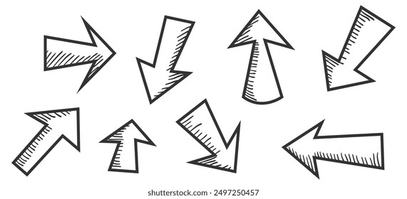 Iconos de flechas dibujadas a mano. Icono de flecha con varias direcciones. Ilustración vectorial de Doodle. aislado en un fondo blanco