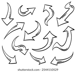 Iconos de flechas dibujadas a mano. Icono de flecha con varias direcciones. Ilustración vectorial de Doodle. aislado en un fondo blanco