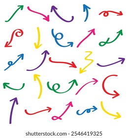 Handgezeichnete Pfeilsymbole Set. Handzeichner-Pfeilsymbol mit verschiedenen Richtungen. Doodle, Vektorgrafik einzeln auf weißem Hintergrund.