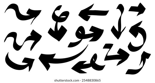 handgezeichnete Pfeilsymbole. Pfeilsymbol mit verschiedenen Richtungen. Doodle, Vektorgrafik. einzeln auf weißem Hintergrund
