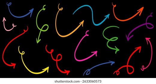 hand drawn Arrows icons Set. arrow icon with various directions. Doodle design element. isolated on a black background
