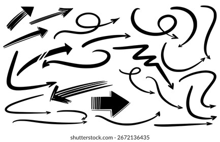 handgezeichnete Pfeilsymbole. Große schwarze Pfeilsymbol. Pfeilsymbole Symboldesign. Pfeil flache Vektorsammlung