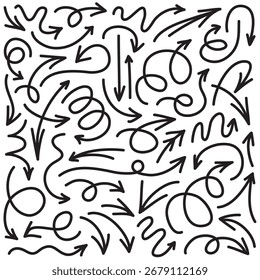 Iconos de flechas dibujadas a mano. Icono de flecha con varias direcciones. Ilustración vectorial de Doodle. aislado en un fondo blanco.