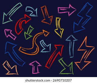 Iconos de flechas dibujadas a mano. Icono de flecha con varias direcciones. Elemento de diseño de flecha Doodle
