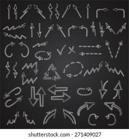 Hand drawn arrows icons set isolated on blackboard background. Business charts, graphs, infographics. Chalk design. Vector illustration.