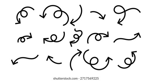 Conjunto de iconos de flechas dibujadas a mano. Conjunto de iconos negros grandes de flechas. Diseño de símbolos de iconos de flecha. Flecha plana colección de Vector