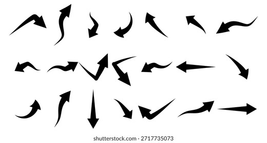Conjunto de iconos de flechas dibujadas a mano. Conjunto de iconos negros grandes de flechas. Diseño de símbolos de iconos de flecha. Flecha plana colección de Vector