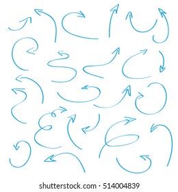 Hand drawn arrows icons set - vector illustration. Doodle writing design shape. Collection of direction pencil sketch symbols isolated on white background, graphic design