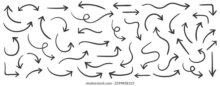 Hand drawn arrows icons vector design. Swirls arrows doodle lines icon set