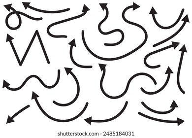 Hand drawn arrows icons vector design. Swirls arrows doodle lines icon set