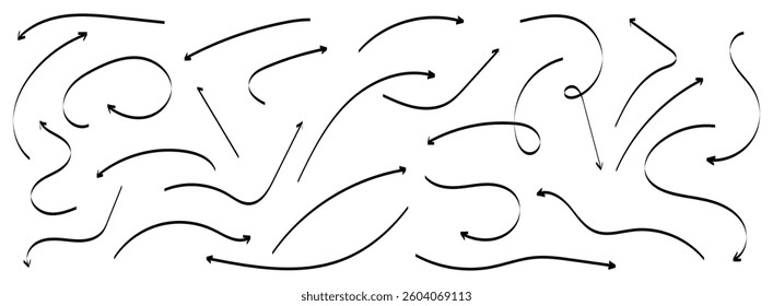 Hand drawn arrows icons vector design. Swirls arrows doodle lines icon set, Hand drawn semibold line arrows set. Vector curvy, wavy and straight arrows vector illustration.