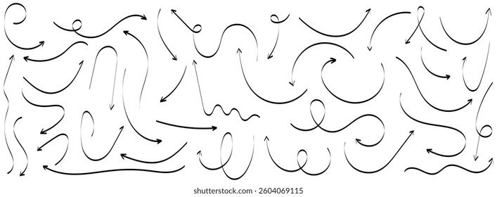Hand drawn arrows icons vector design. Swirls arrows doodle lines icon set, Hand drawn semibold line arrows set. Vector curvy, wavy and straight arrows vector illustration.