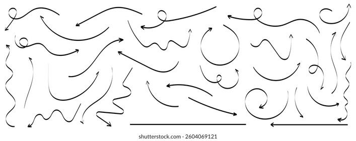 Hand drawn arrows icons vector design. Swirls arrows doodle lines icon set, Hand drawn semibold line arrows set. Vector curvy, wavy and straight arrows vector illustration.