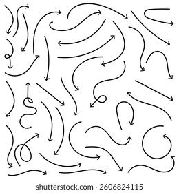  Hand drawn arrows icons vector design. Swirls arrows doodle lines icon set, Hand-drawn line arrows set. Vector curvy, wavy and straight arrows isolated on white background, Doodle style arrow vector